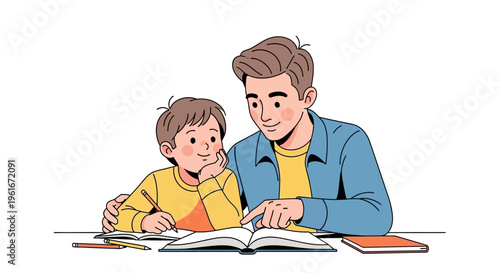 Caring father and his young son engage in a focused reading session, fostering educational development and strengthening their family bond through shared learning experiences at home