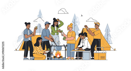 Diverse group of young friends enjoying a joyful camping trip in a forest setting, cooking delicious food together over a campfire and sharing memorable moments outdoors