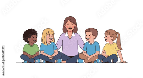 Smiling female teacher with a diverse group of happy young children, sitting together, symbolizing early childhood education, care, and a positive, engaging learning environment