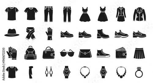 Collection of Fashionable Clothing and Accessories Icons in Silhouette Style.