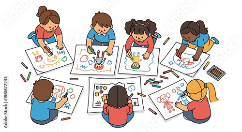 A diverse group of happy young children engaged in a creative art activity, sitting together on the floor and enthusiastically drawing with crayons and markers