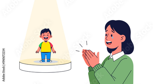 Young child performing on stage with proud parent clapping in appreciation