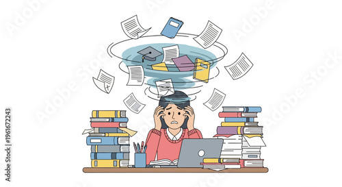 Overwhelmed student buried in books and papers, feeling stressed with a swirling vortex of academic materials above their head