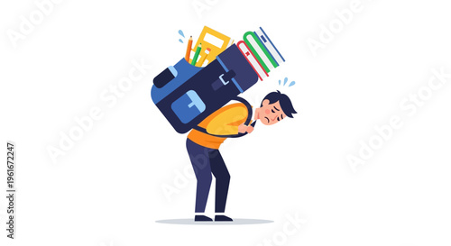 Student burdened with heavy backpack filled with school supplies and books, symbolizing academic pressure and workload