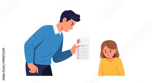 Frustrated Man Scolding Young Girl Holding a Bad Grade Report Card with an F