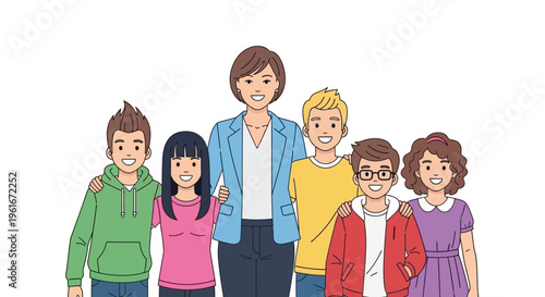 Group of diverse young people and an adult woman standing together, illustration of teamwork and community