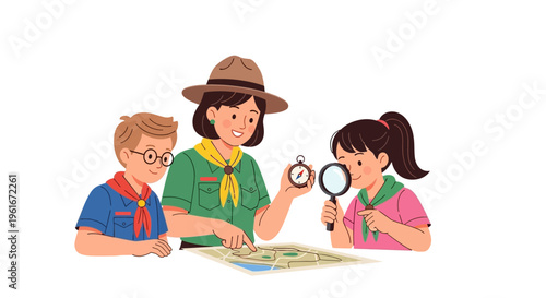 Scout leader teaches children map reading and navigation skills with compass and magnifying glass for outdoor education, fostering teamwork