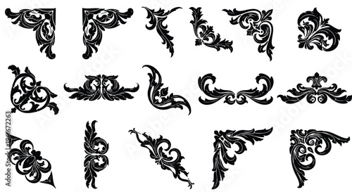 Ornate vintage baroque scrollwork floral pattern elements on a clean white background for design projects
