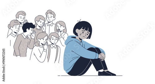 Illustration of a sad person being isolated and judged by a group of people, depicting bullying and social exclusion