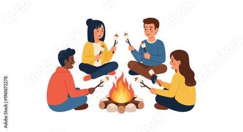 Happy diverse friends enjoy a cozy campfire experience, roasting sweet marshmallows over crackling flames, fostering warmth and camaraderie during an outdoor gathering