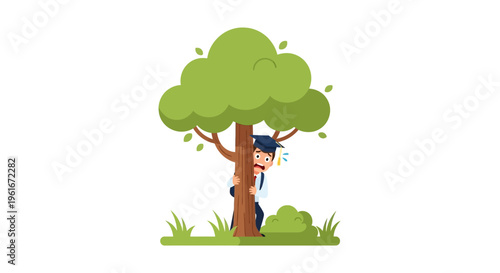 A nervous graduate in a cap and gown peeks out from behind a tree, possibly contemplating their next steps after education