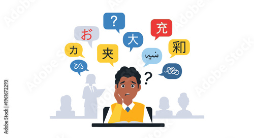 Illustration of a student struggling with foreign languages, surrounded by speech bubbles with various characters and question marks