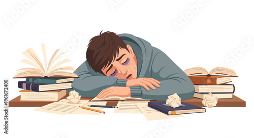 Overwhelmed Student Exhausted from Intense Study, Napping at Desk Piled with Books and Crumpled Papers, Illustrating Academic Burnout and Pressure
