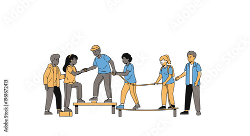 Diverse group of people working together to achieve a common goal, helping each other overcome obstacles on a challenging path