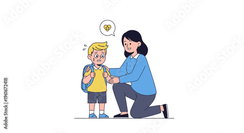 A comforting mother kneels to soothe her crying son, offering support and reassurance with a loving hug