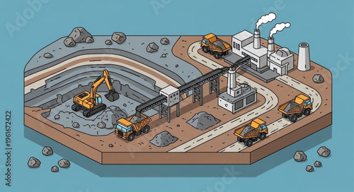 Isometric Illustration of Open-Pit Mining and Processing Plant.