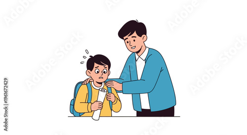 A caring adult reassures a worried young boy, holding a school-related item, symbolizing support and encouragement for a child's challenges and growth