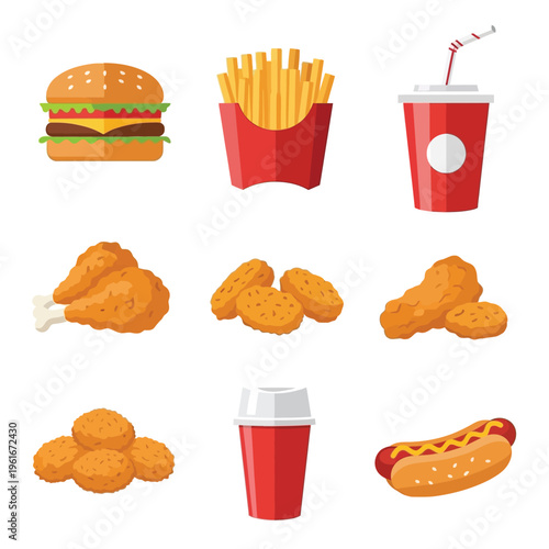 A vibrant collection of popular fast food items, including a hamburger, french fries, soda, fried chicken, nuggets, and a hot dog.