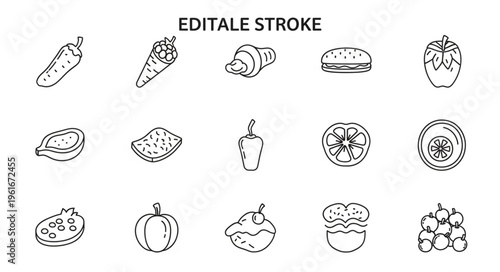 Vegetable Sketch Icons - Pepper, Carrot, Meat, Burger, Eggplant.