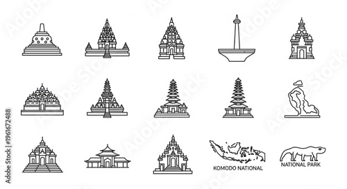 Collection of Indonesian Landmarks and Cultural Symbols in Black and White.