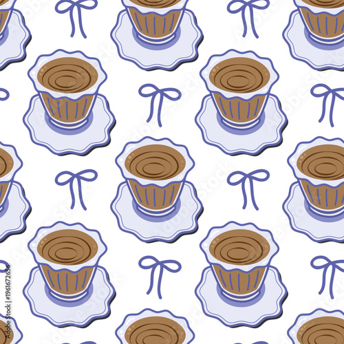 Seamless Pattern of minimal Coffee cup and ribbon bow in Mediterranean hand drawn style Flat design. Isolated Vector illustration Wrapping or Wallpaper backdrop Motivation or mood cards, media post 