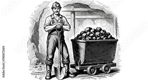 Vintage Coal Miner Illustration with Cart Full of Coal.