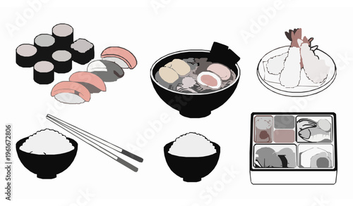 Minimal Japanese Cuisine Vector Illustration – Sushi, Ramen, and Traditional Food Set