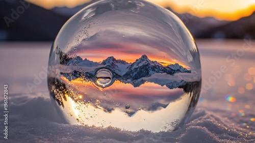 Snowy landscape reflected in a glass bubble resting on powdery snow at sunset