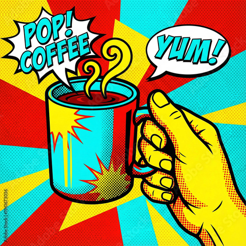 A hand holding a vibrant coffee mug in a pop-art style with halftone dots and bold comic outlines copy