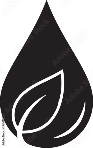 Black leafy waterdrop icon, eco symbol, green logo, droplet illustration