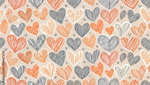 Seamless pattern of hand-drawn hearts scribble and outline styles background 
