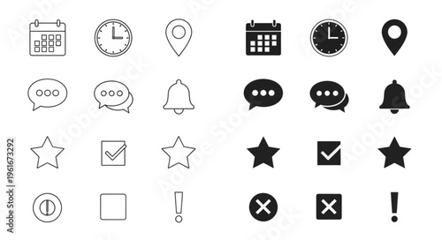 Collection of grunge and solid icons for interface design.