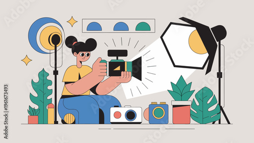 A cartoon woman recording a video with a camera in a studio setting surrounded by lights and plants