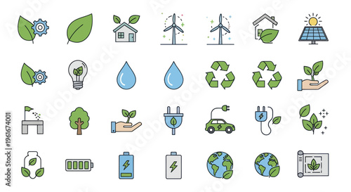 Eco-friendly Icons Set: Renewable Energy, Nature, Sustainability, Green Technology