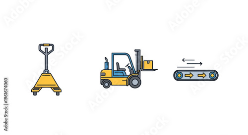 Forklift, Pallet Jack, Conveyor Belt Icons - Logistics and Warehouse Equipment