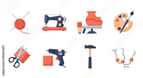 Crafting Icons: Sewing, Pottery, Painting, DIY Tools, Scissors, Glue Gun