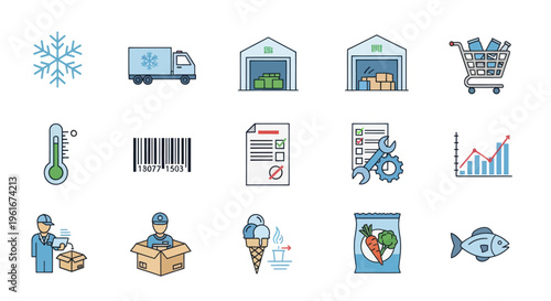 Logistics and Delivery Icons: Cold Chain, Warehouse, Ice Cream, Fish, Food, Shipping