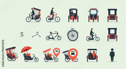 Set of Flat Design Traditional Asian Transport Icons: Rickshaws, Bicycles, Pedicabs
