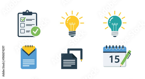 Checklist, Lightbulb Ideas, Calendar, Document Icons: Planning and Innovation