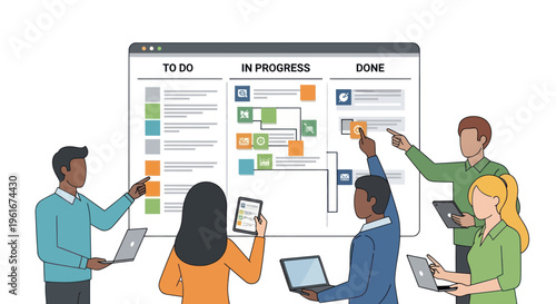 Agile Team Collaborating on Kanban Board for Project Management
