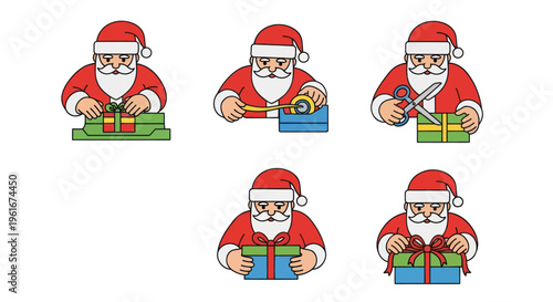 Santa Claus Wrapping Christmas Gifts with Ribbon, Tape, and Scissors