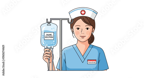 Nurse with IV Drip Bag and Stand, Medical Care Illustration