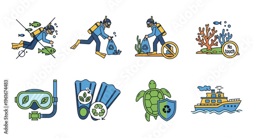 Ocean Conservation Icons: Divers Cleaning Sea, Marine Life Protection, Eco-Friendly Dive Gear