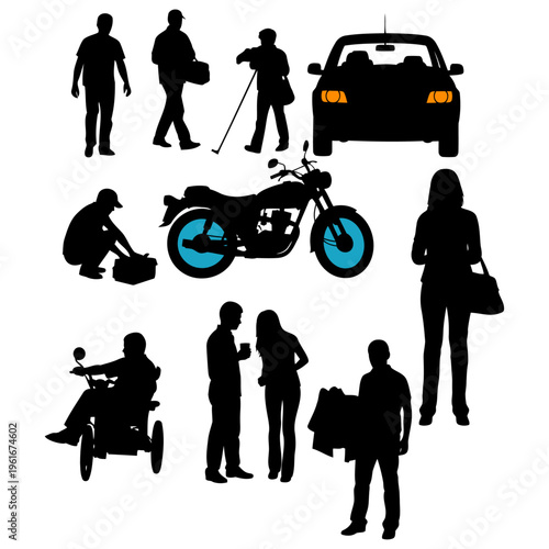 Vector silhouette set of urban daily life: people walking, motorbike, car, taxi, luggage, shopping, and city activities. Ideal for lifestyle, travel, and transportation design projects.