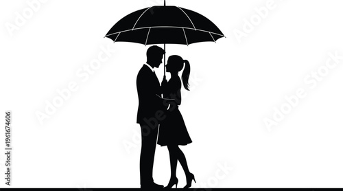 Black vector silhouette of a romantic young couple standing close together and embracing under a large umbrella on rainy day.