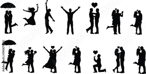 Black vector silhouettes set of romantic couples embracing kissing proposing and dancing for wedding invitations and Valentine's Day graphic designs.