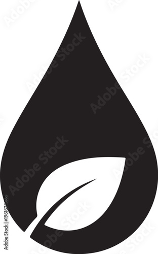 Eco friendly leaf drop icon, black and white vector droplet symbol, eco-conscious leafy waterdrop illustration, sustainable living logo element