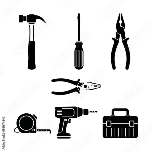 Collection of Black Silhouettes of Various Tools.