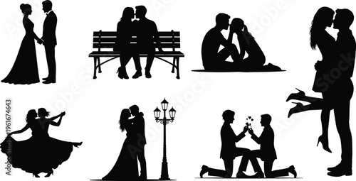 Collection of black vector silhouettes featuring romantic couples dancing proposing sitting on a bench and embracing for various love designs.