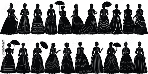 Collection of black vector silhouettes featuring romantic couples walking with luggage dancing proposing and embracing for wedding and travel designs.